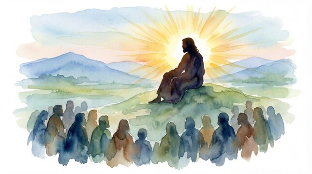 Religious Art Watercolor Painting. Jesus Christ Teaching Sermon on the Mount. Biblical Illustration