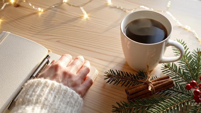 Hot coffee, open notebook, and decorative holiday elements on a wooden table for Christmas season planning or reflection.