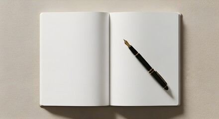 A classic fountain pen resting on the blank pages of an open journal