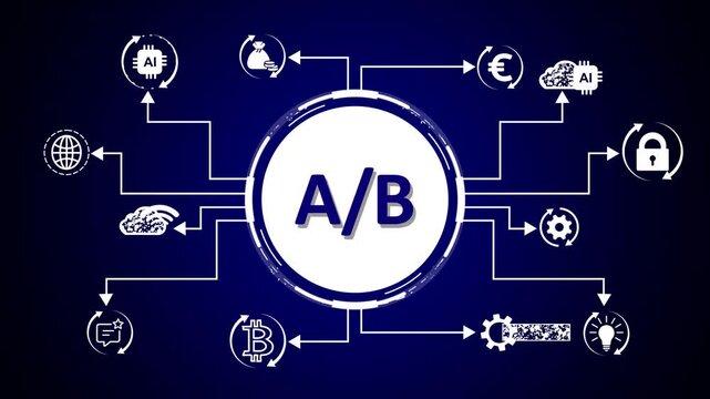 A/ B testing concept diagram with icons for marketing and business growth on a blue background A/B testing