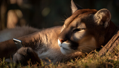 A relaxed big cat enjoys a cozy moment looking at his phone in the soft morning light.