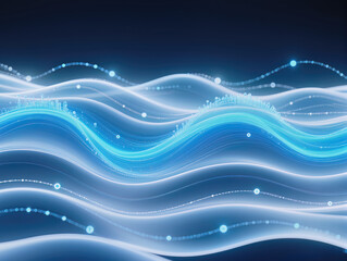 Fluid, bright white and blue waves shining against a dark blue background. The concept of energy, data, or sound waves.