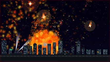 Explosive night sky with meteors over a vibrant city landscape during a cosmic event