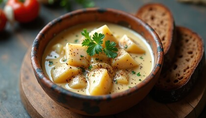 Rustic bowl holds creamy plokkfiskur with potato cubes. Parsley garnishes traditional Icelandic seafood stew. Dark bread slices complement. Comfort food concept hearty meal in natural light. Culinary