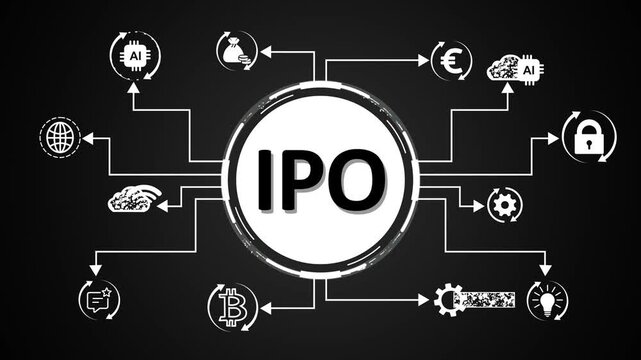I P O concept network diagram with icons for global business finance and innovation initial public offering