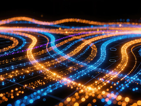 Particle streams of orange and blue light curving upward against a dark background. The concept of big data and high-speed communication.