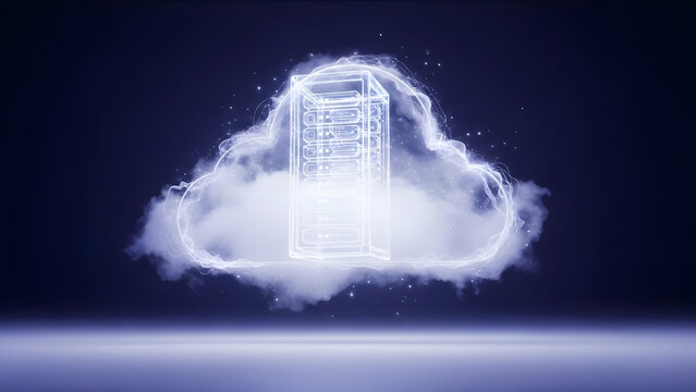 Cloud computing concept with server rack inside a virtual cloud interface. Digital data storage and internet network infrastructure. Modern information technology.