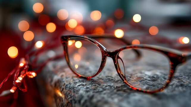 Tortoiseshell glasses sit on a stone surface, accented by warm, out-of-focus lights that add a soft glow to the scene, cozy.
