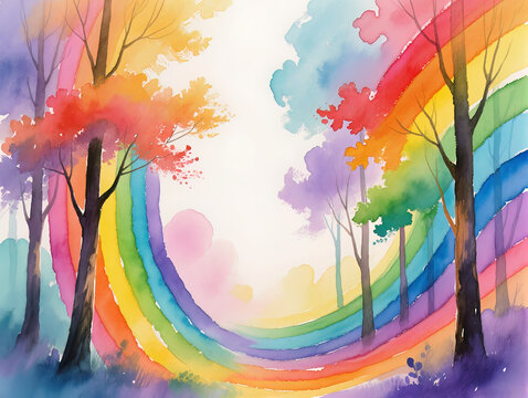 Watercolor trees in rainbow colors. An abstract forest scene painted in vibrant colors with a copy area in the center. - Powered by Adobe