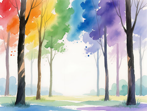 Watercolor trees in rainbow colors. An abstract forest scene painted in vibrant colors with a copy area in the center.