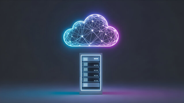 Cloud computing concept with server rack and connected wireframe cloud model. Data center infrastructure for hosting and network service.