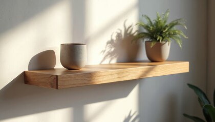Wooden floating shelf holds ceramic cup and green potted plant. It is mounted on white wall. Bright sunlight casts long warm shadows. Modern minimalist home decor style for calm tranquil living space.