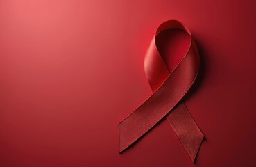Red ribbon on a deep red background. Symbolizes hiv awareness and support for aids patients. Represents health campaigns and medical aid efforts globally.