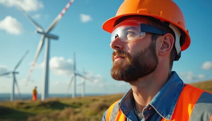 Wind farm worker in safety vest and hard hat looks up at turbines. Man with beard works on renewable energy project in field. Blue sky, sunny day, clean power generation.