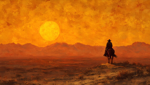 A vivid portrayal of a cowboy in a desert landscape during what appears to be the golden hour, with the sun casting a warm, golden hue over the scene.