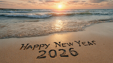 Fototapeta premium Happy New Year 2026 Etched in Smooth Shoreline Sand with Rolling Ocean and Luminous Sun in Pastel Hues – good for banner design