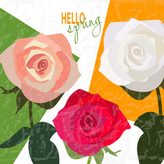 Bright roses in peach, red, and white tones featuring a distinct crumpled paper effect. A light and festive composition perfect for greeting cards and celebratory designs