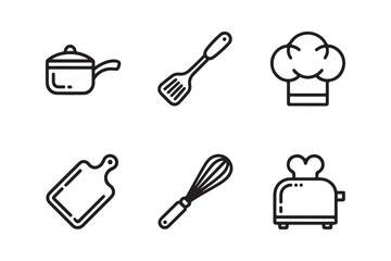 Simple line art icons of kitchen utensils and chef hat
