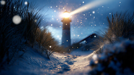Snowy coastal getaway, lighthouse beam through flurries, footprints in dunes, tranquil off-season trip, with copy space