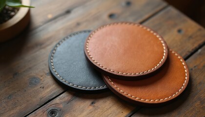 Handmade stitched leather coasters on rustic wooden table. Brown, black round accessories protect surfaces. Premium quality tableware for dining decor, hot drinks like coffee tea. Natural material