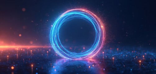 Vibrant blue, red glowing abstract circle floats above sparkling particles on dark ground. Neon light ring forms futuristic portal. Digital energy swirl creates modern tech background for science