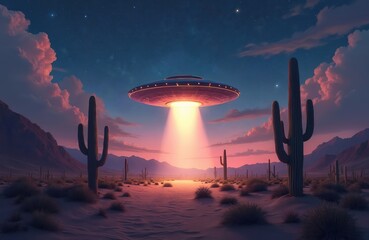 Unidentified flying object beams light down onto desert floor with cacti and mountains. Starry night sky shows colorful clouds and celestial bodies.