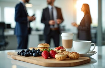 Fresh berries, muffins, bagels, coffee cups on office table. Business people chat in background. Professionals enjoy morning refreshment break, casual meeting, discuss work. Colleagues network in