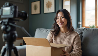 Woman creates content with camera. Asian female blogger unpacks delivery box for internet channel at home. She makes unboxing product review video and communicate with followers on social media.