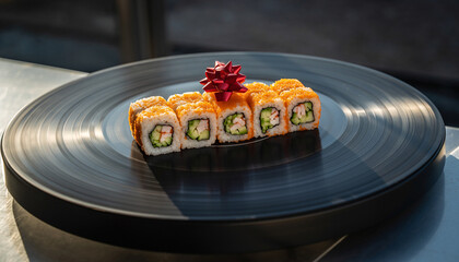 California Sushi Rolls With Red Bow on Turntable