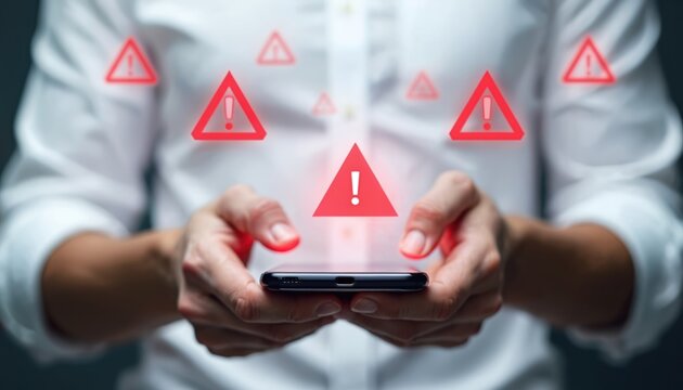 Man holds smartphone with warning signs. Person in white shirt sees emergency alert on mobile phone. Security threat notification appears on screen.