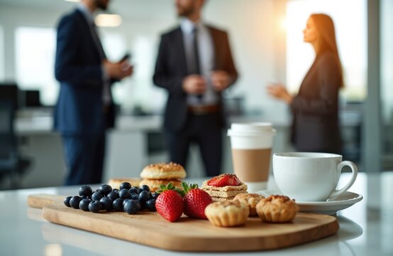 Fresh berries, muffins, bagels, coffee cups on office table. Business people chat in background. Professionals enjoy morning refreshment break, casual meeting, discuss work. Colleagues network in