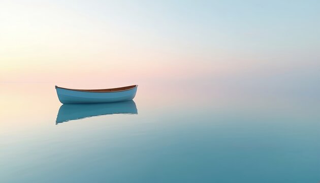 Small blue boat floats on smooth blue water surface under light pastel sky. Quiet tranquil seascape with reflections. Nobody near a simple boat shows calm sailing. Symbol of minimalist getaway escape.