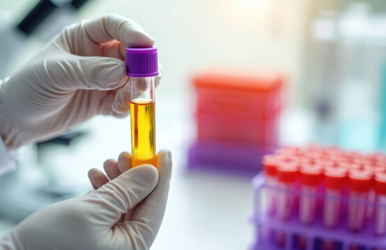 Doctor in gloves holds test tube with urine sample. Scientist in lab analyzes yellow liquid for medical diagnostics. Researcher inspects fluid for disease detection. Hospital worker conducts