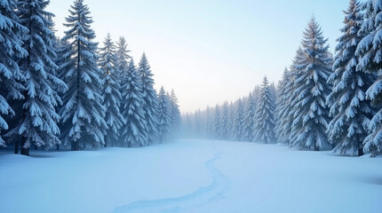 Fototapeta premium Peaceful winter forest with snow covered pines and soft morning haze