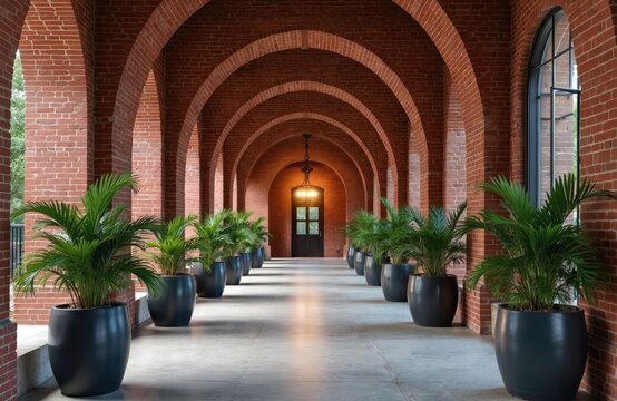 Hallway with repeating arches made of red bricks. Potted plants line corridor. Dark door waits at end. Classic building with archways, decorative plants. Beautiful architectural construction with