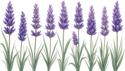 Illustration of lavender flowers on white background. Botanical floral art with purple plant. Fresh aromatic blossoms with green leaves. Elegant design for wellness projects.