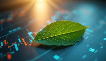 Green leaf lies on financial chart. Represents eco friendly business, investment. Photo suggests corporate social responsibility. Sustainability concept shows environment, economy, ecology growth