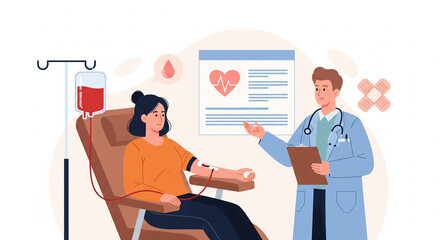 Woman donating blood with doctor overseeing the process, illustrating healthcare and medical assistance, showing compassion and community support, a positive healthy donation process