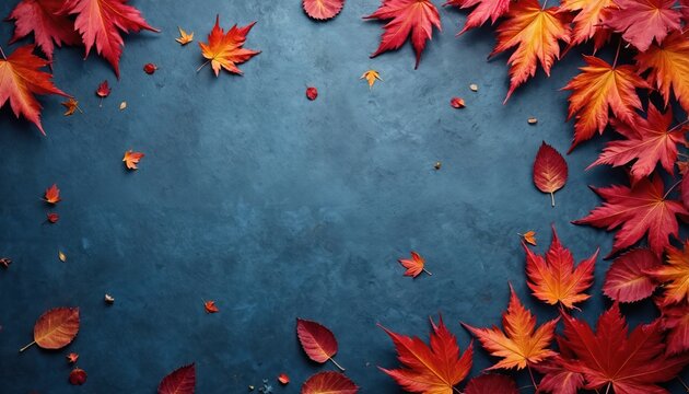 Flat lay autumn composition with red maple leaves on blue background. Top view fall foliage seasonal backdrop. Nature concept with bright colorful leaf on textured surface perfect for designs.