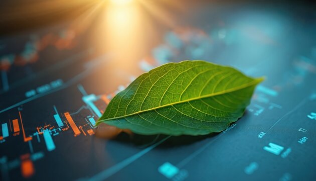 Green leaf lies on financial chart. Represents eco friendly business, investment. Photo suggests corporate social responsibility. Sustainability concept shows environment, economy, ecology growth