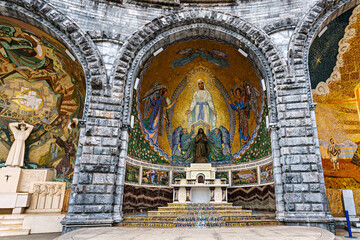 Interior of the Basilica in the Sanctuary of Lourdes, France. Mayor pilgrimage spot for Catholics