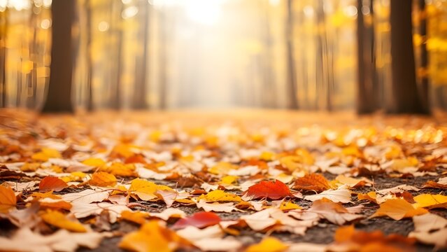 A serene autumn forest scene with yellow, orange, and red leaves scattered on the ground. Soft sunlight filters through the trees, creating a warm, peaceful, and captivating atmosphere in nature.