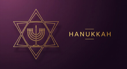 Celebrate Hanukkah with elegant gold menorah and Star of David on luxurious purple background, perfect for festive greetings and holiday promotions this season