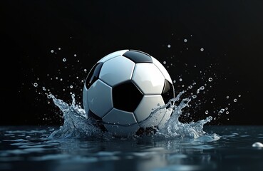 Naklejka premium Classic soccer ball hits water surface making big splash. Football falls into puddle creating liquid drops on black background. Dynamic shot shows sport power energy, competition. Wet sphere kicks up