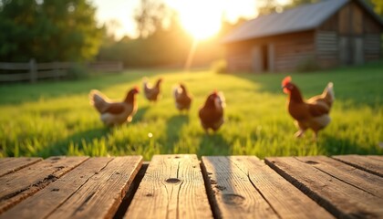 Wooden table on farm with chickens grazing in grass. Hens walk around on meadow near house. Warm sunset light over countryside landscape. Place for product. Eco farming concept for presentation.