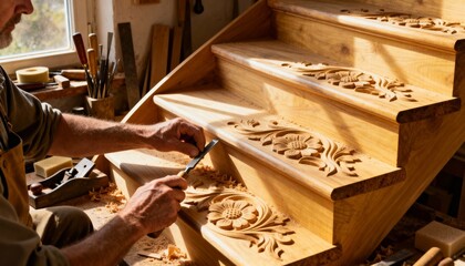Craftsman shaping elegant spiral staircase wood steps highlighting intricate handcarved details and smooth curves in a workshop setting.