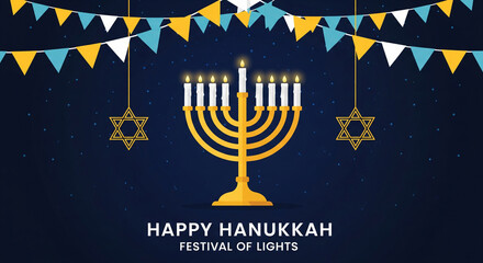 Celebrate Happy Hanukkah with a glowing menorah and cheerful festive decorations, perfect for holiday greetings and cultural events, a vibrant festival of lights