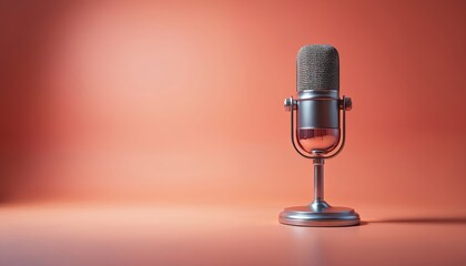 Classic microphone stands on orange background. Mic is silver. It represents recording studio podcast or radio. Vintage style microphone for on air broadcasts speech vocal performance.