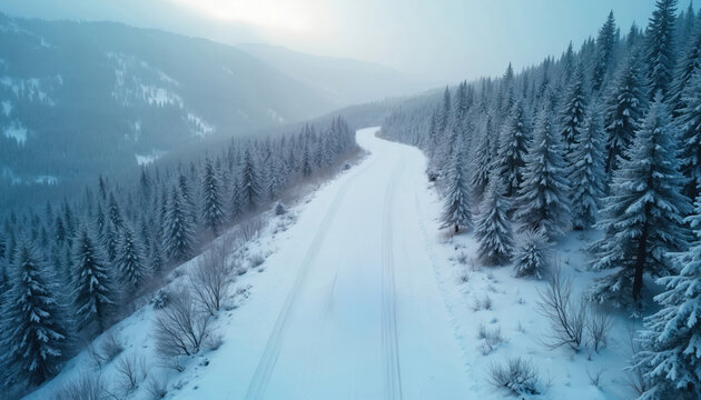 Aerial shot of snow covered road across forest on mountains. Winter landscape with trees and hills. Foggy winter day. Car driving, journey to nature on travel destination. Way through and wood. - Powered by Adobe