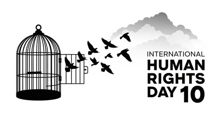 Symbolic birds flying to freedom from cage celebrating International Human Rights Day, promoting justice, equality, and hope for a better world for advocacy campaigns